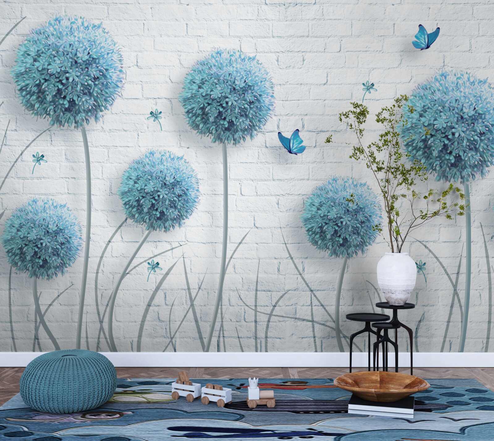 Fotobehang blauwe ronde bloemen op een witte muur