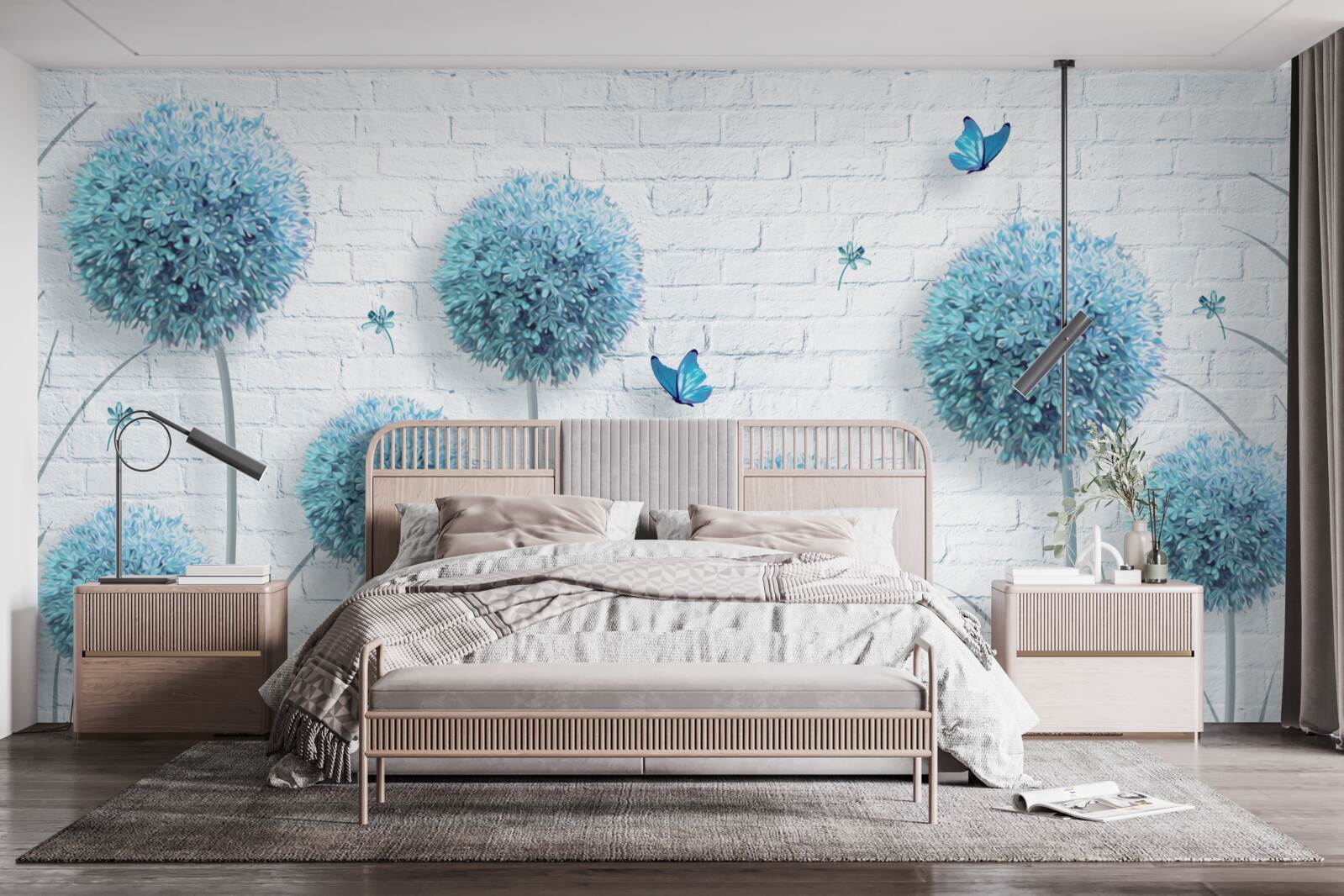 Fotobehang blauwe ronde bloemen op een witte muur