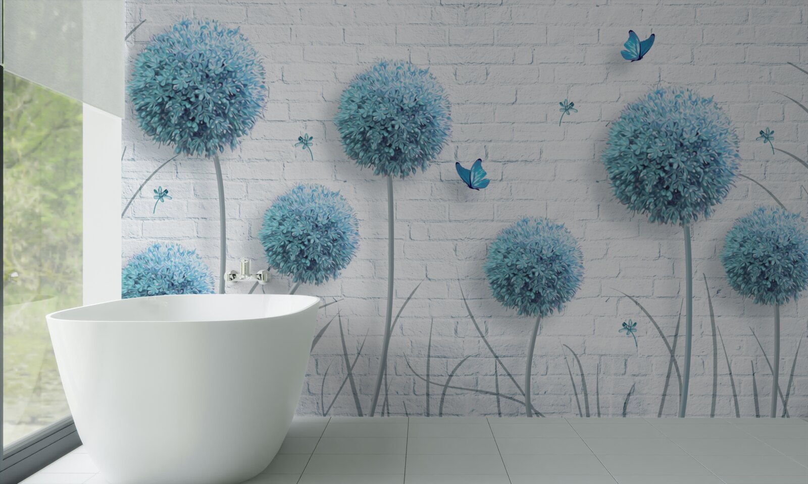 Fotobehang blauwe ronde bloemen op een witte muur