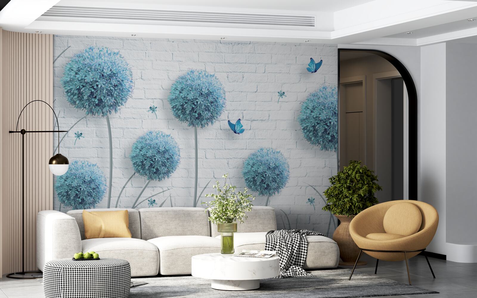 Fotobehang blauwe ronde bloemen op een witte muur