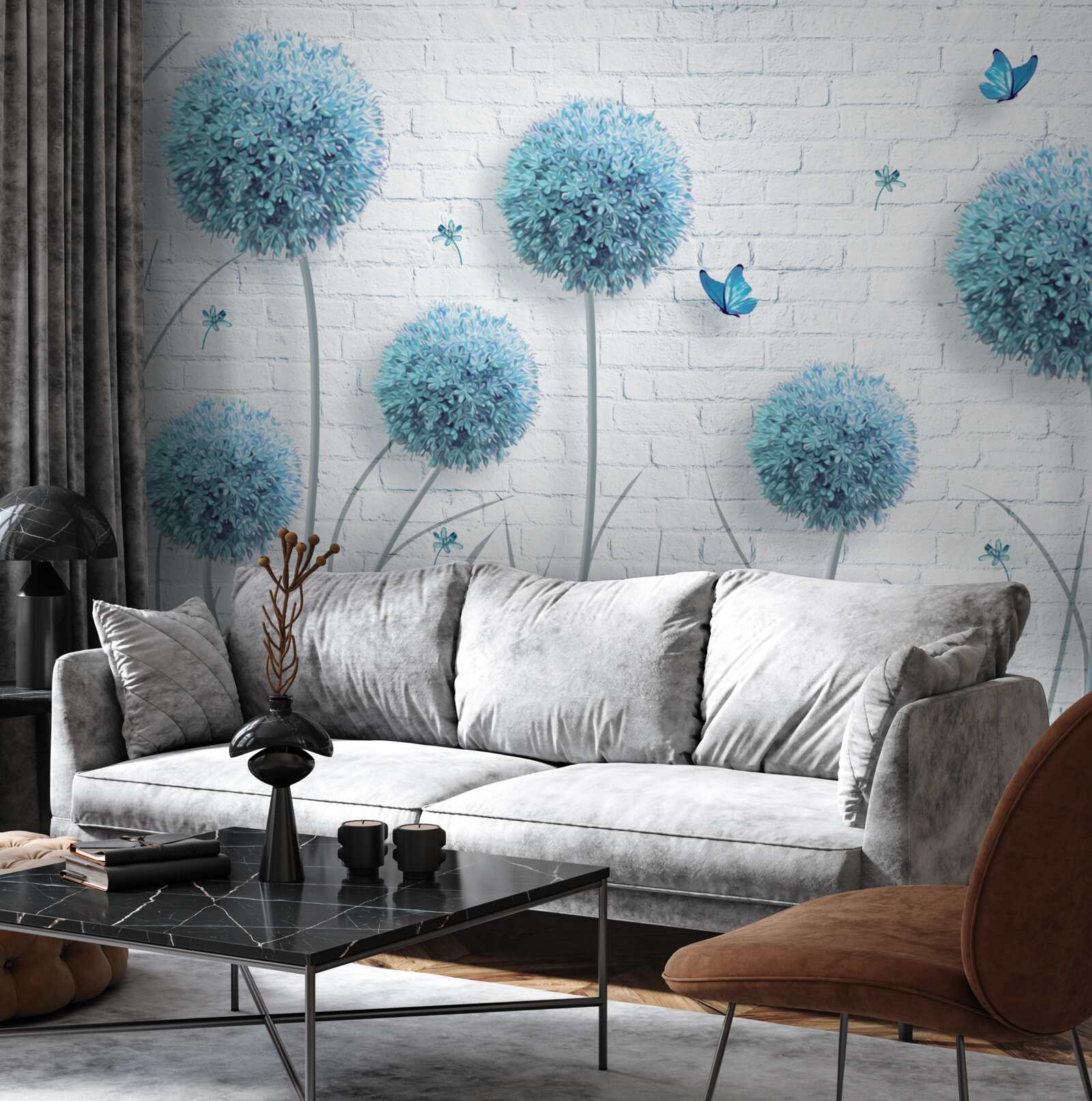 Fotobehang blauwe ronde bloemen op een witte muur