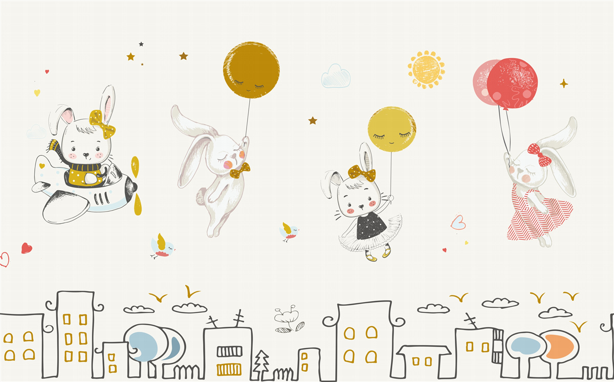 Fotobehang konijntjes cirkelen boven de huizen