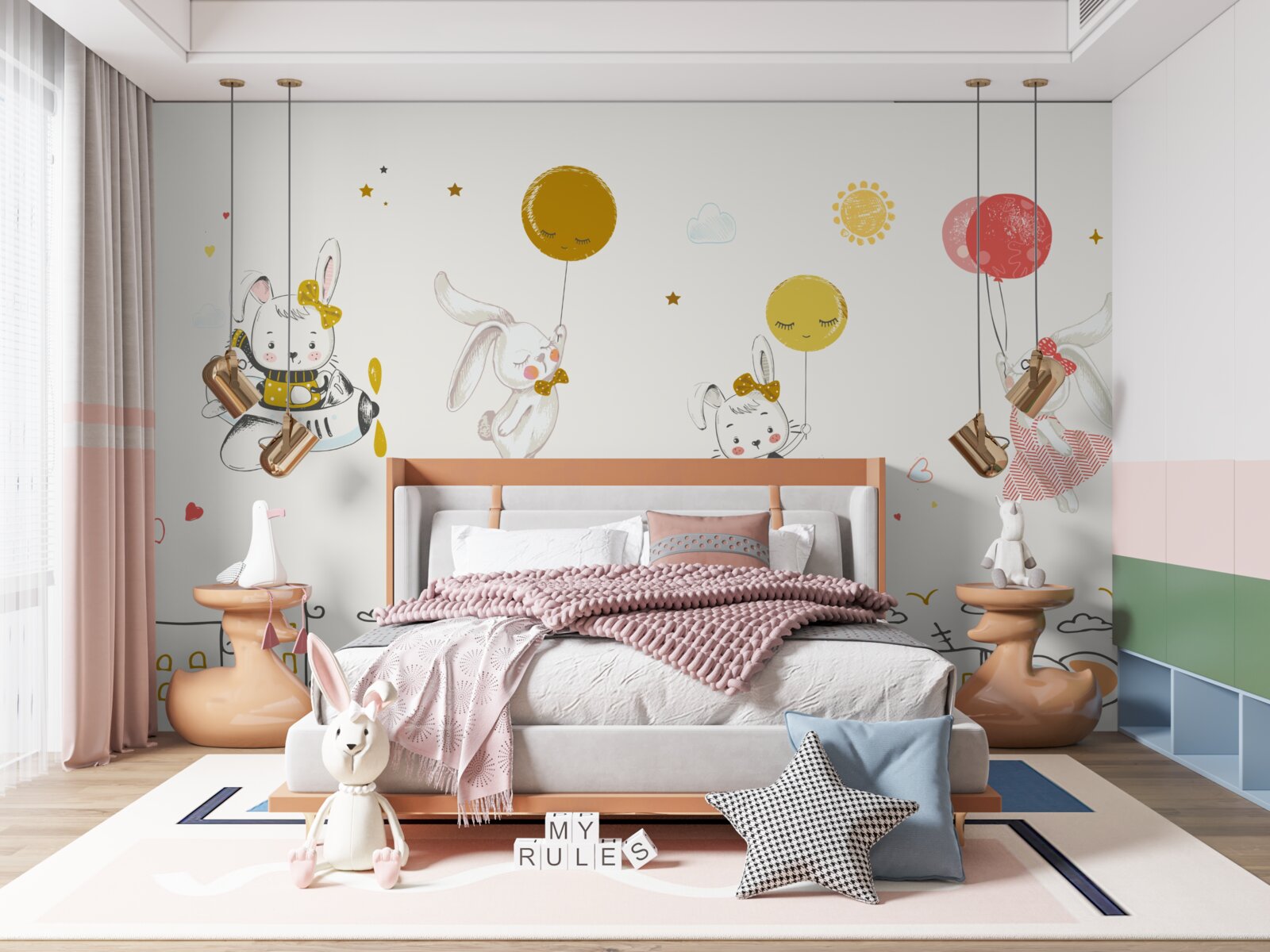 Fotobehang konijntjes cirkelen boven de huizen