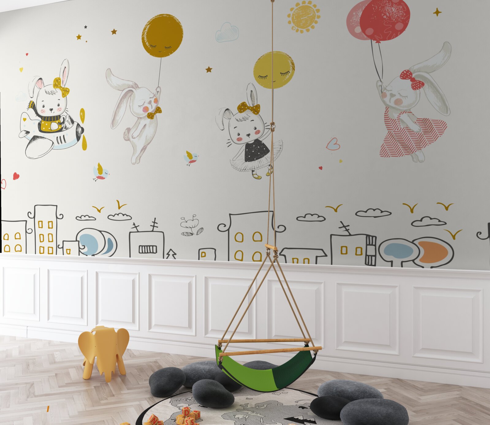 Fotobehang konijntjes cirkelen boven de huizen