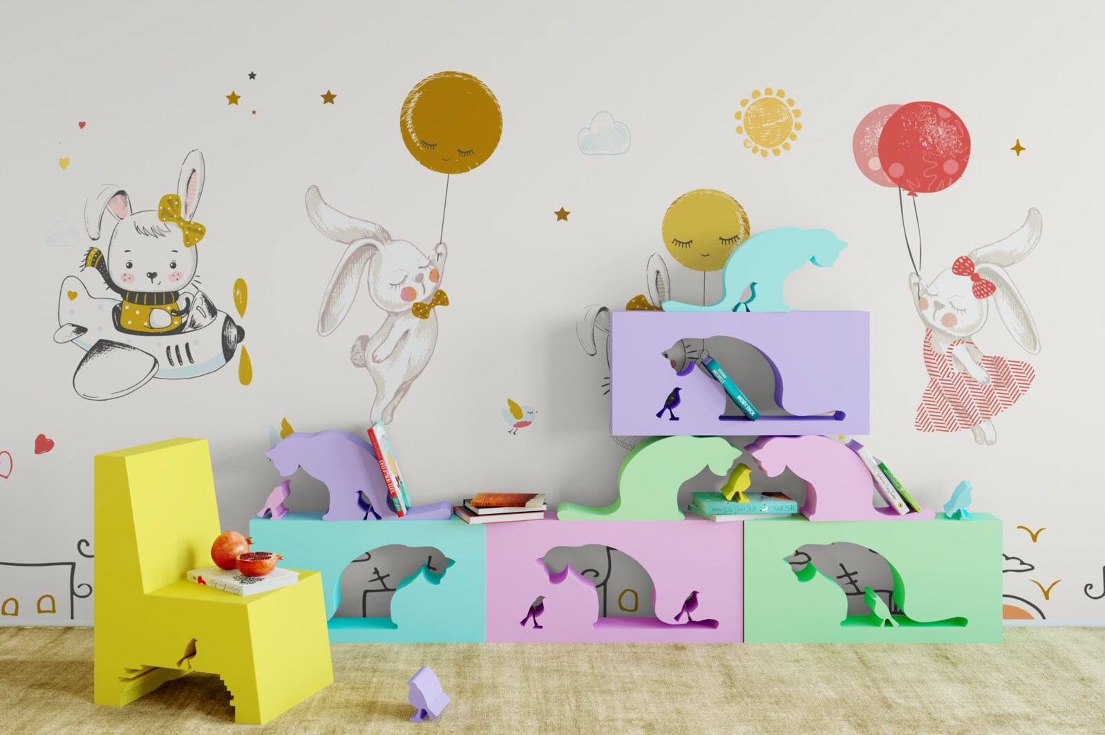 Fotobehang konijntjes cirkelen boven de huizen