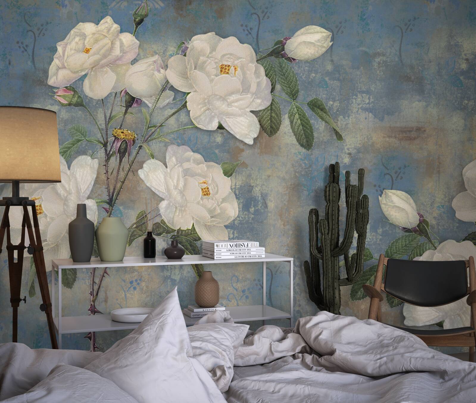 Fotobehang witte rozen op een blauwe achtergrond