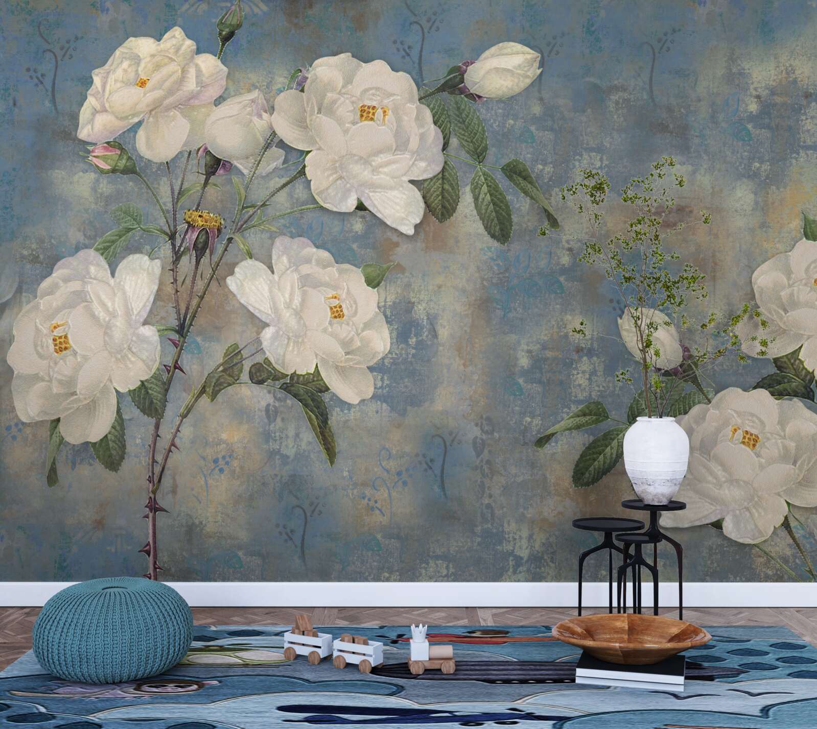 Fotobehang witte rozen op een blauwe achtergrond