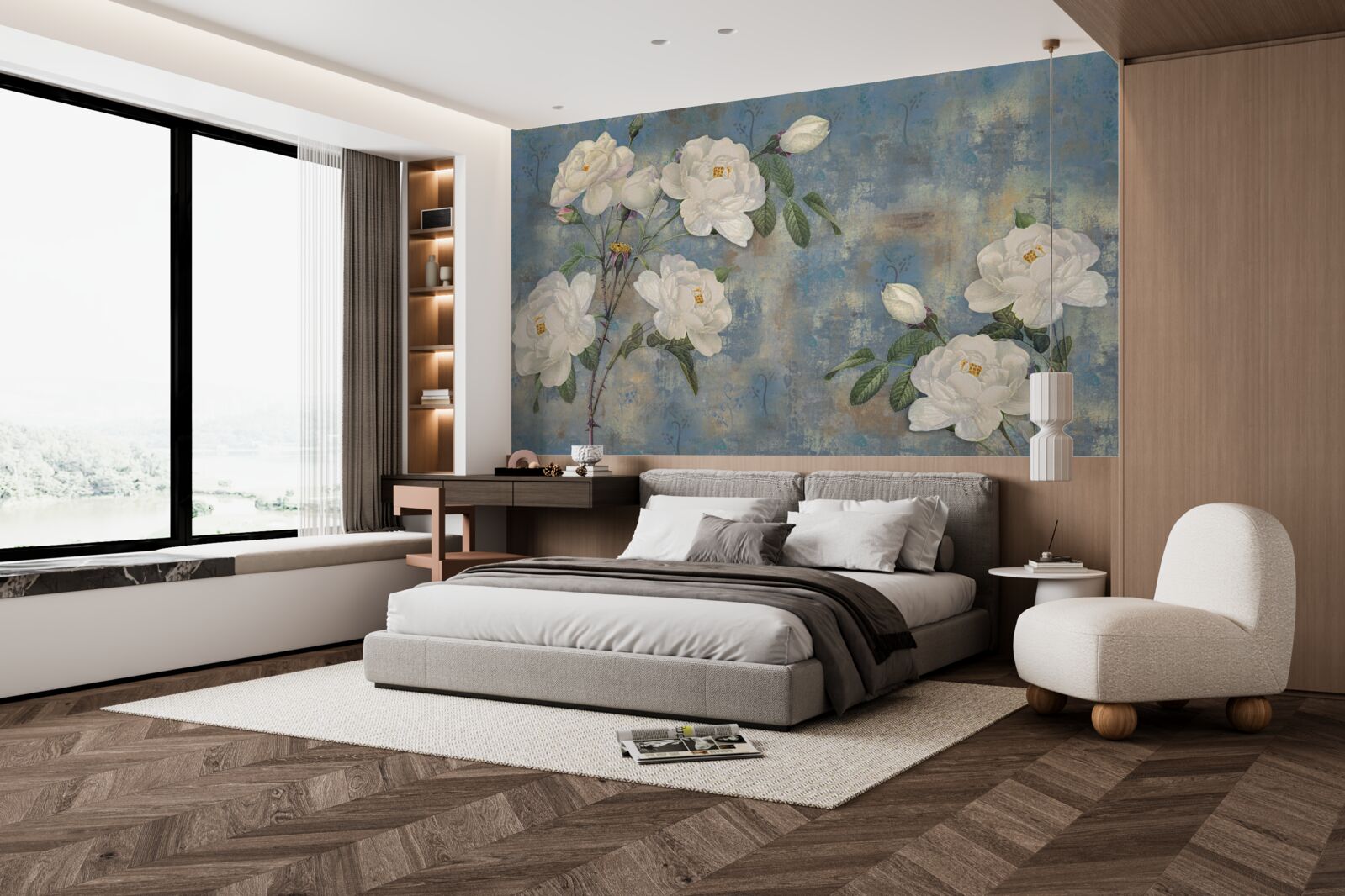 Fotobehang witte rozen op een blauwe achtergrond