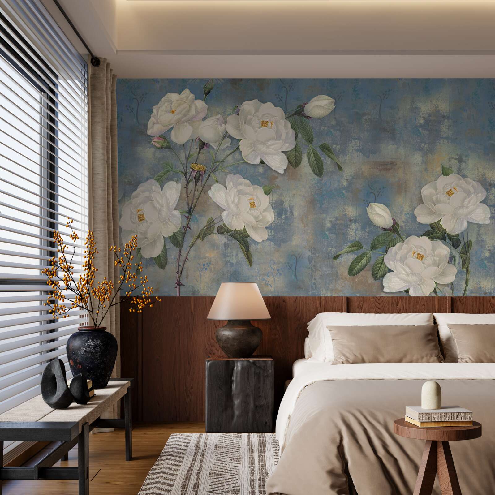 Fotobehang witte rozen op een blauwe achtergrond