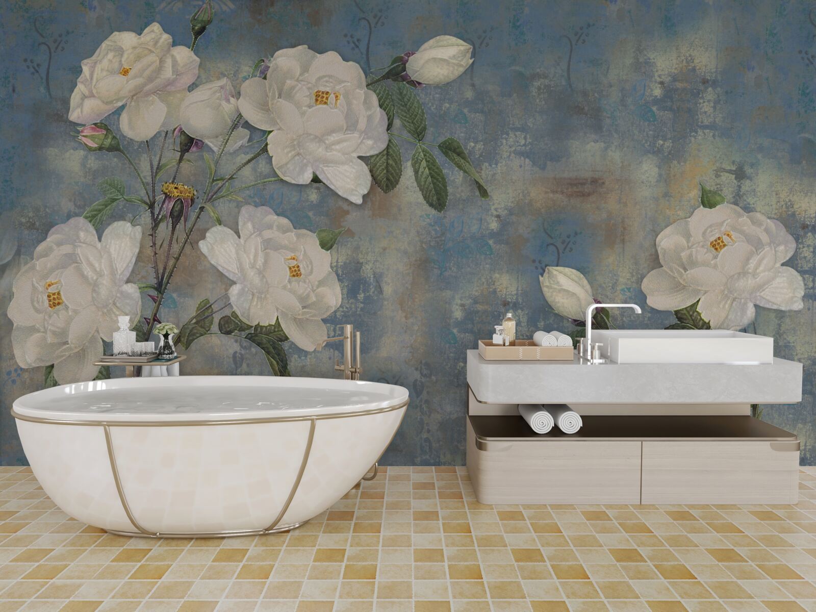 Fotobehang witte rozen op een blauwe achtergrond