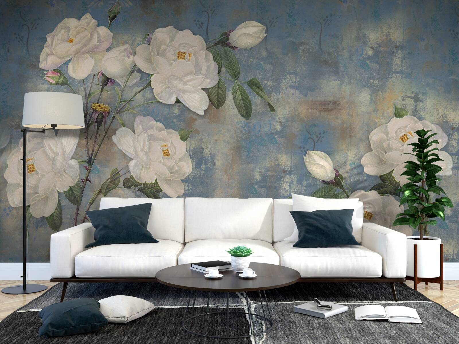 Fotobehang witte rozen op een blauwe achtergrond