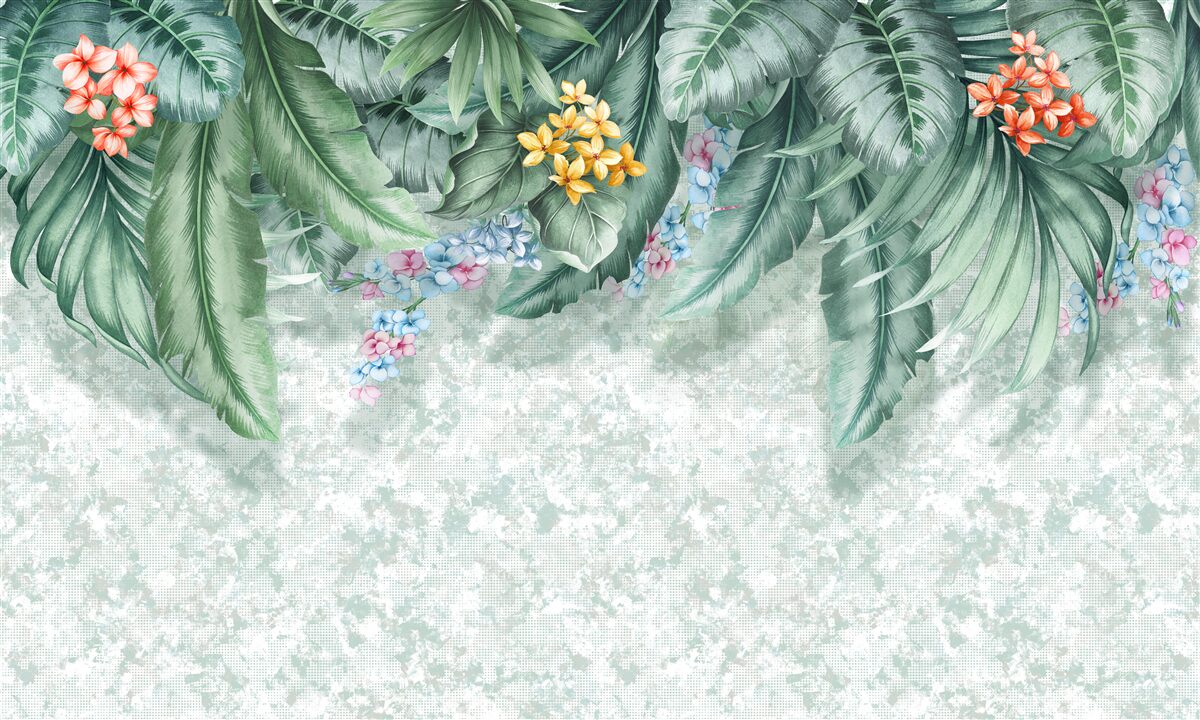 Fotobehang groene bladeren versierd met bloemen