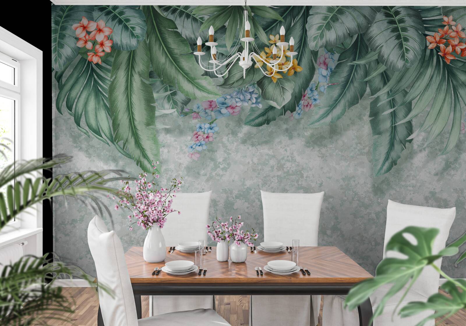 Fotobehang groene bladeren versierd met bloemen