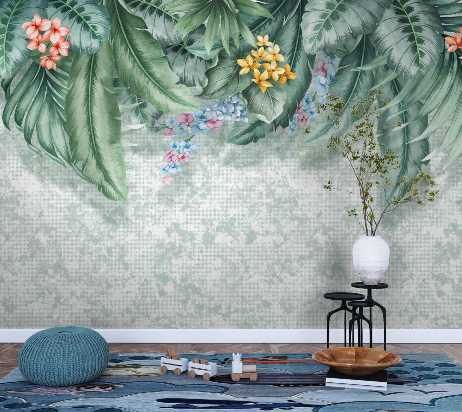 Fotobehang groene bladeren versierd met bloemen