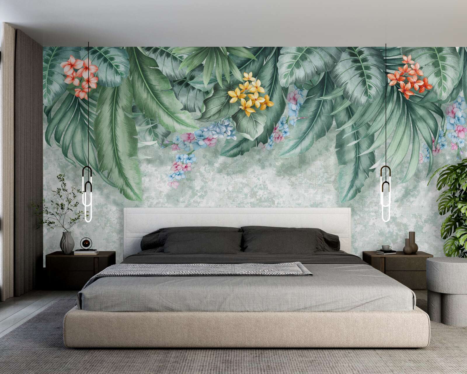 Fotobehang groene bladeren versierd met bloemen