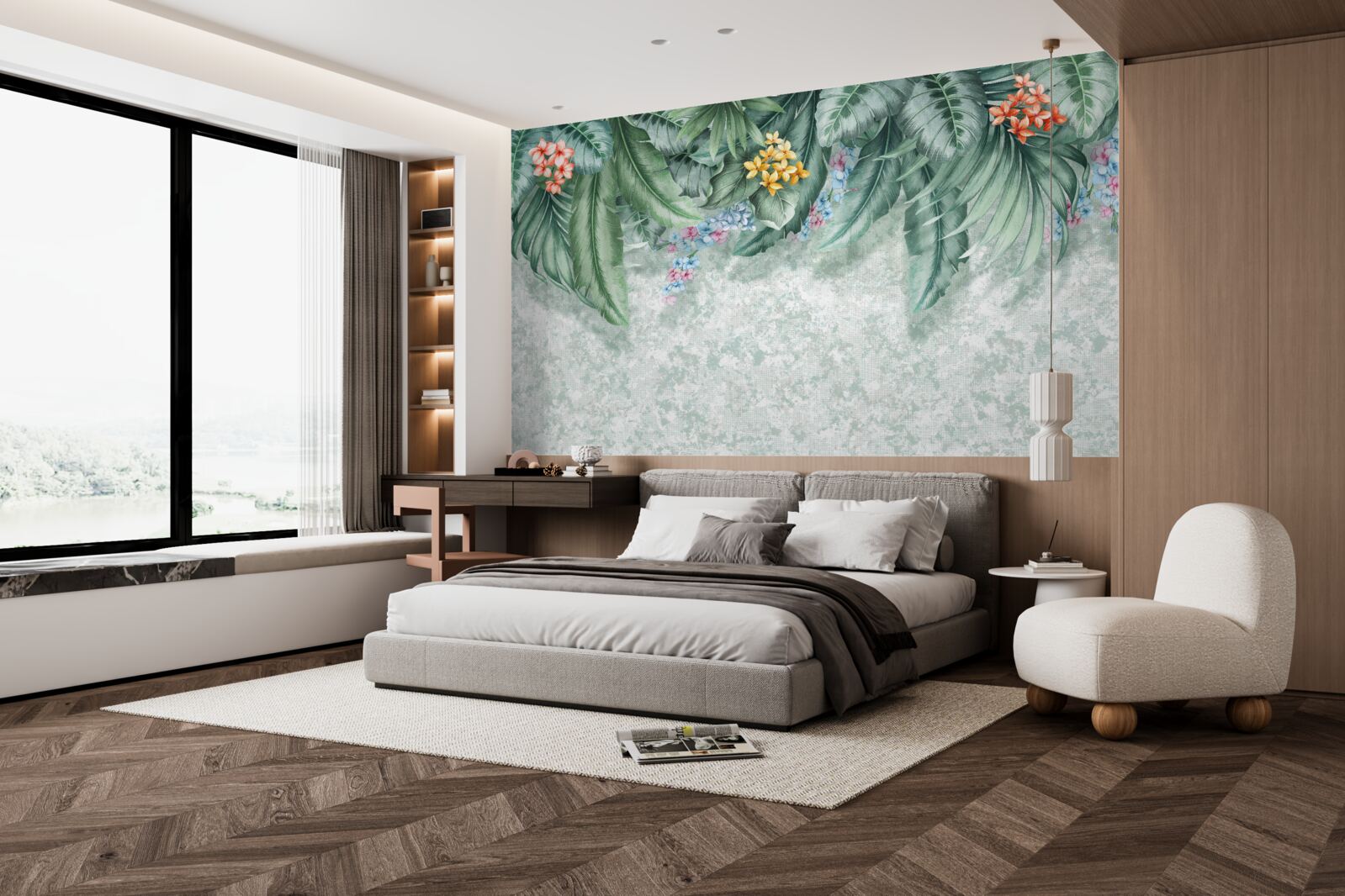 Fotobehang groene bladeren versierd met bloemen