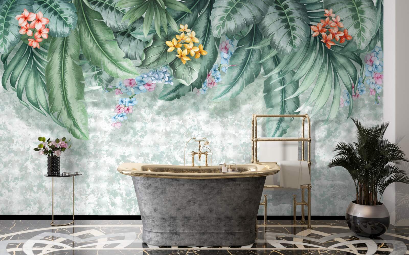 Fotobehang groene bladeren versierd met bloemen