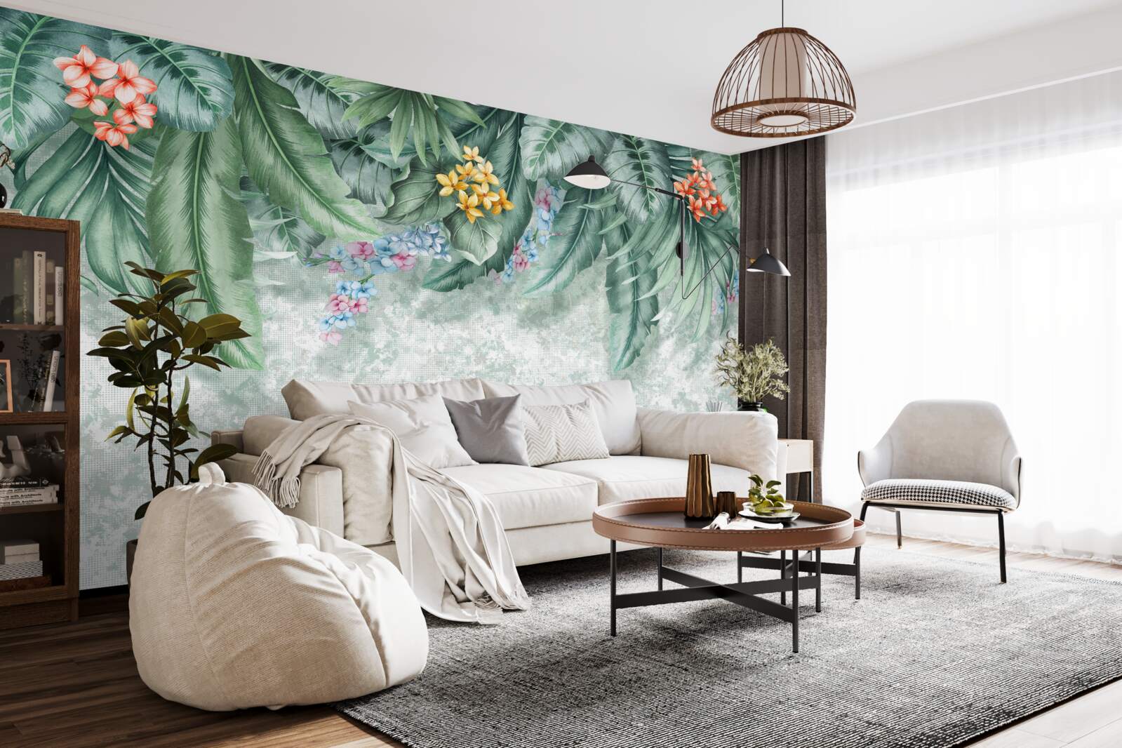 Fotobehang groene bladeren versierd met bloemen