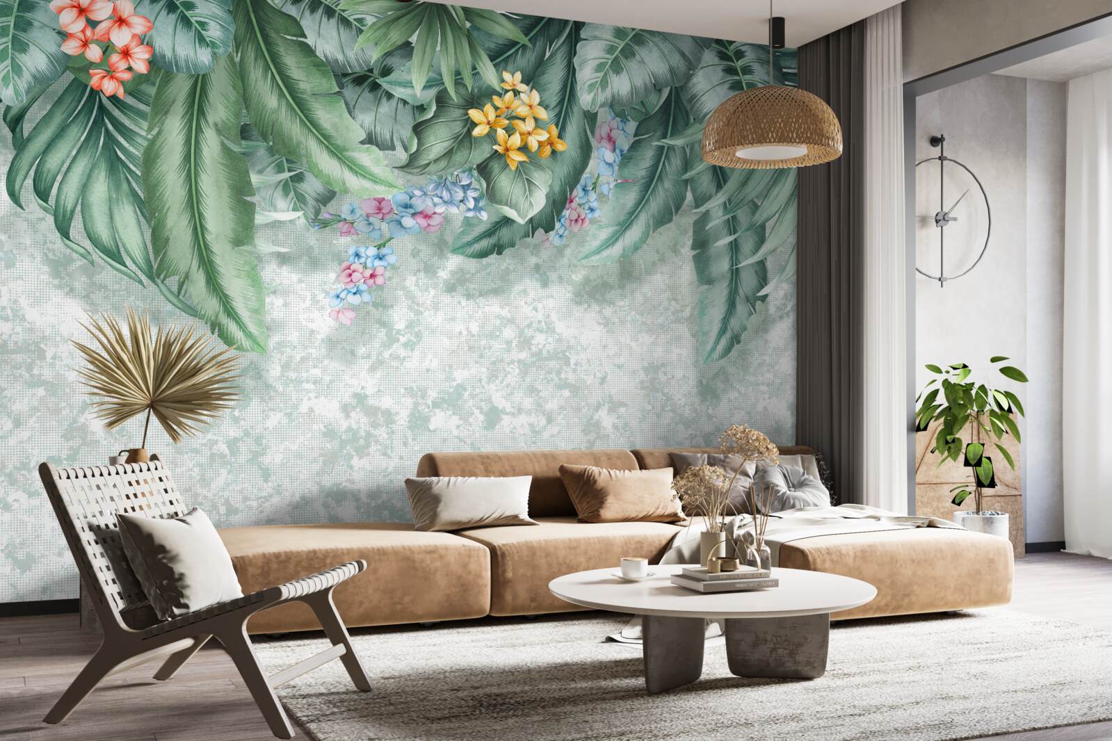 Fotobehang groene bladeren versierd met bloemen