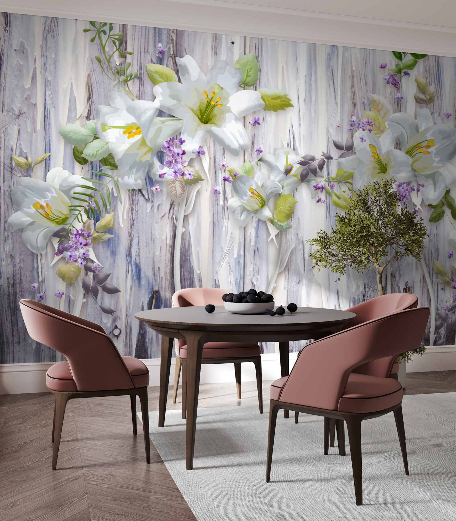 Fotobehang witte lelies steken af tegen alle soorten bloemen