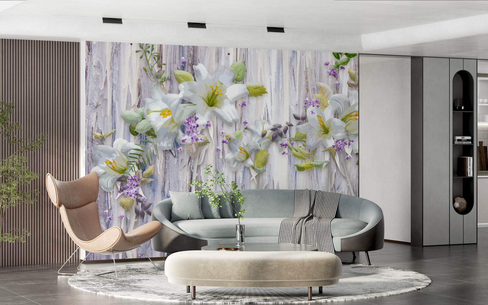 Fotobehang witte lelies steken af tegen alle soorten bloemen