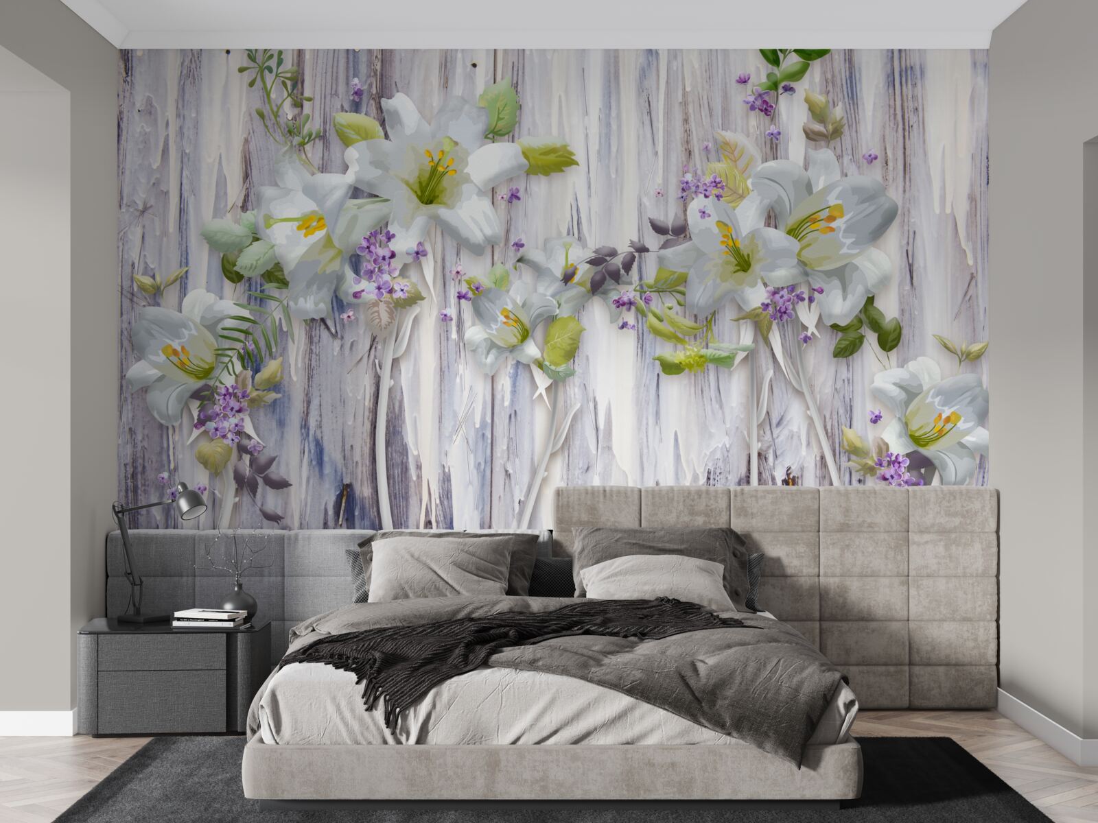 Fotobehang witte lelies steken af tegen alle soorten bloemen