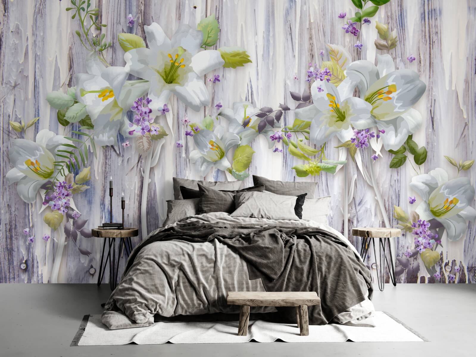 Fotobehang witte lelies steken af tegen alle soorten bloemen