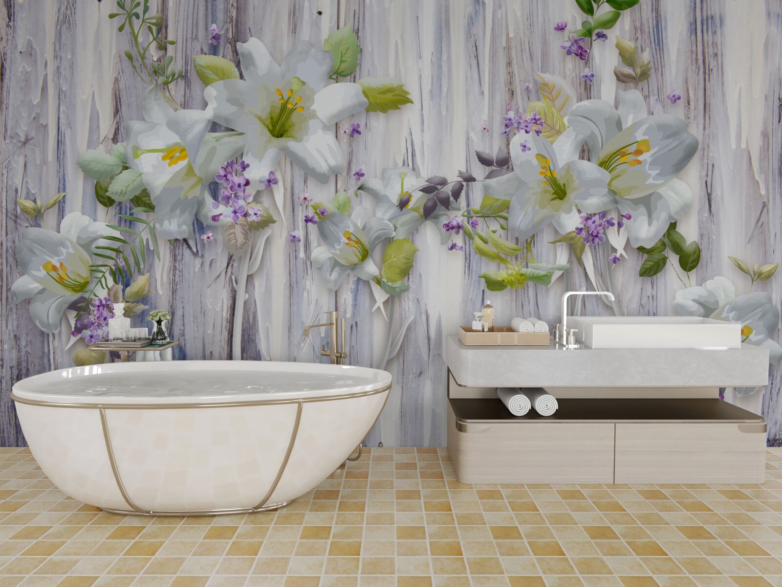 Fotobehang witte lelies steken af tegen alle soorten bloemen