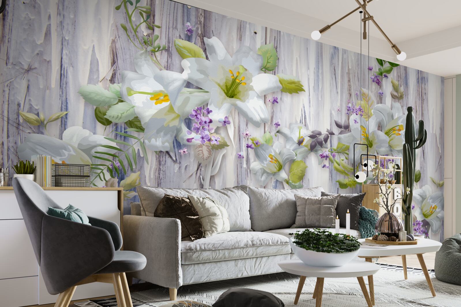 Fotobehang witte lelies steken af tegen alle soorten bloemen