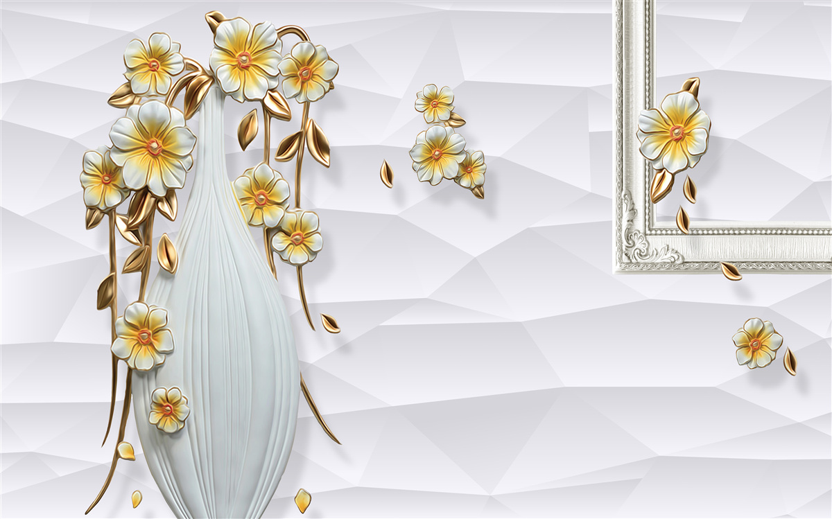 Fotobehang hoge, heldere vaas met bloemen