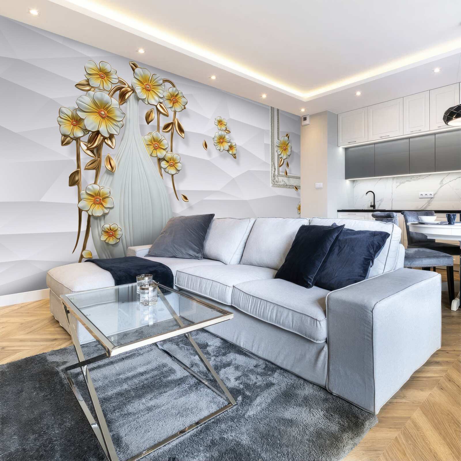 Fotobehang hoge, heldere vaas met bloemen