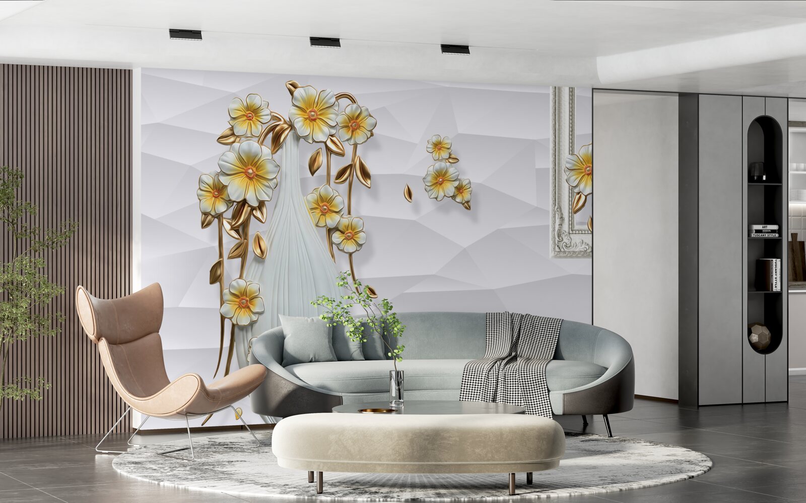 Fotobehang hoge, heldere vaas met bloemen