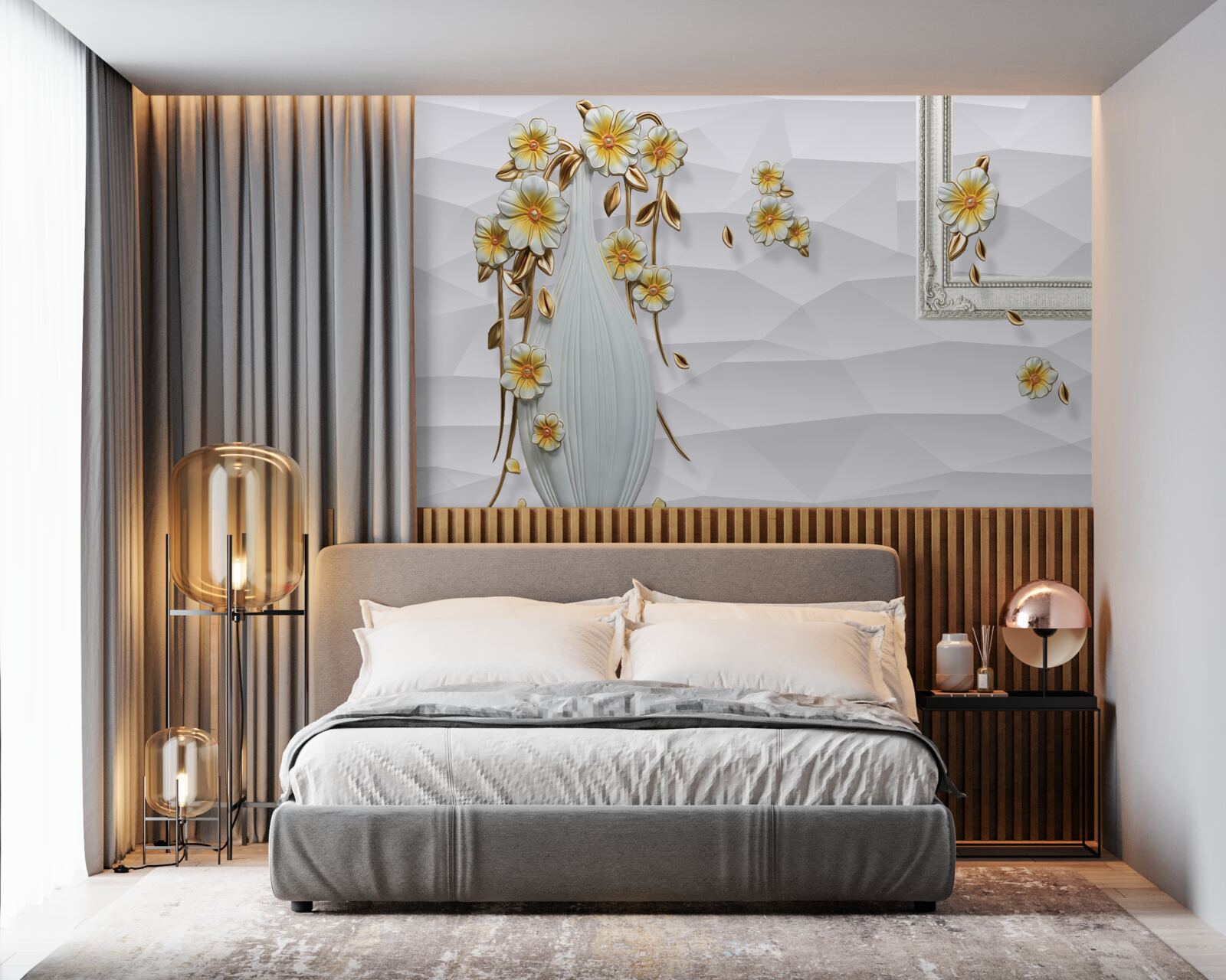 Fotobehang hoge, heldere vaas met bloemen