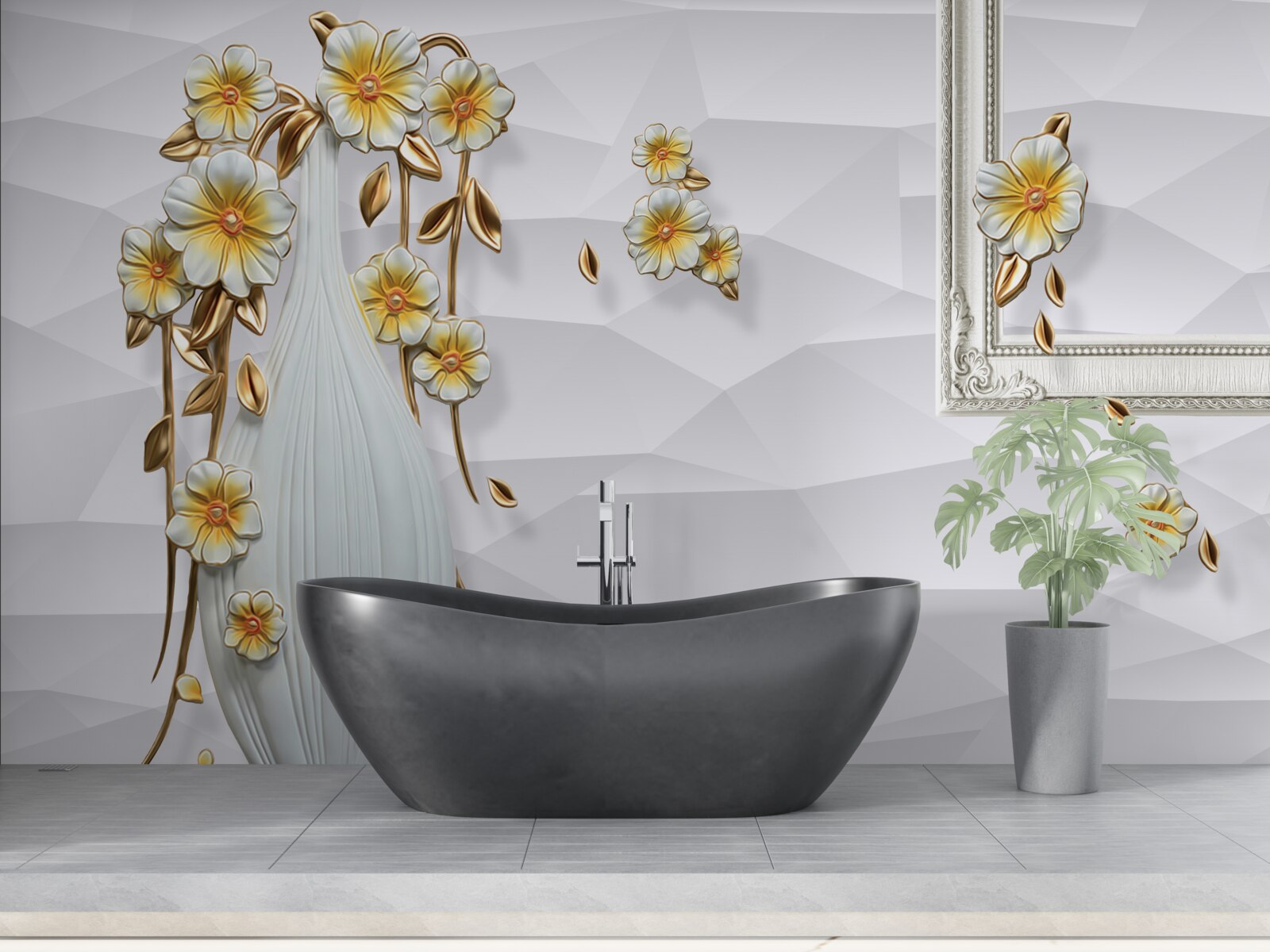 Fotobehang hoge, heldere vaas met bloemen