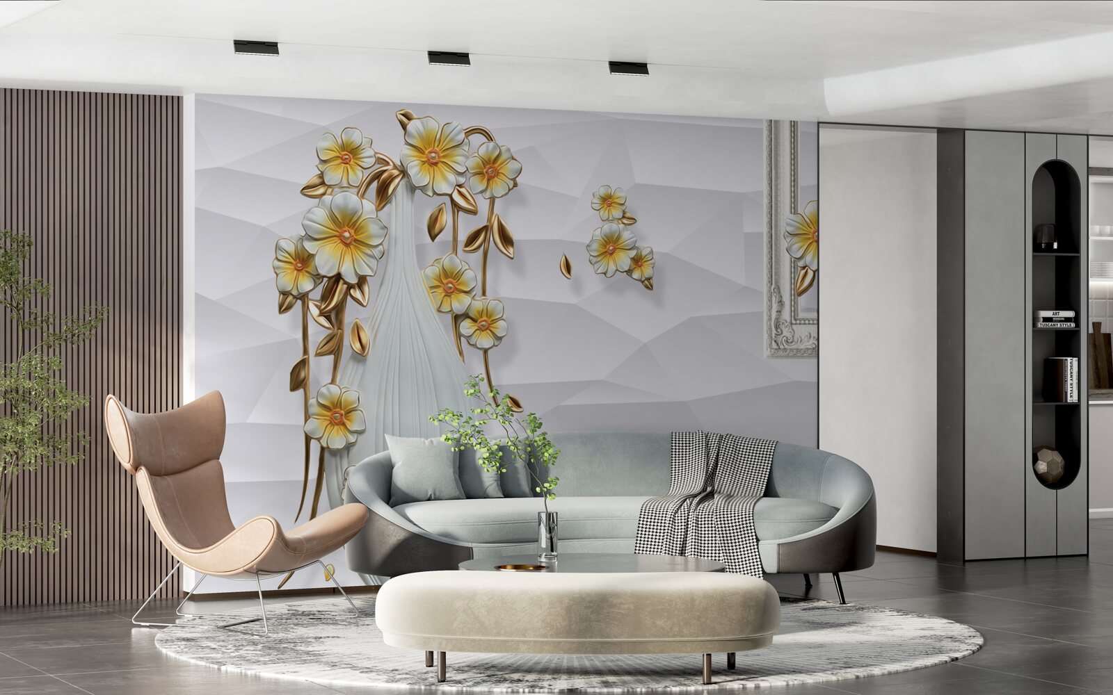 Fotobehang hoge, heldere vaas met bloemen