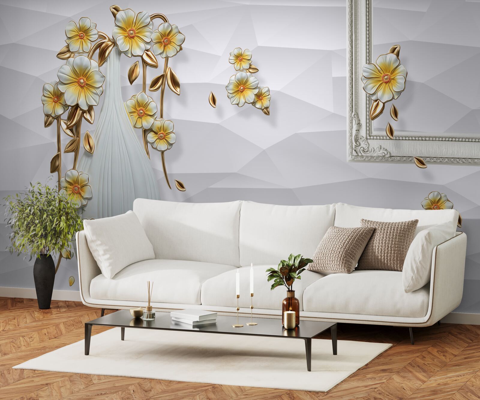 Fotobehang hoge, heldere vaas met bloemen