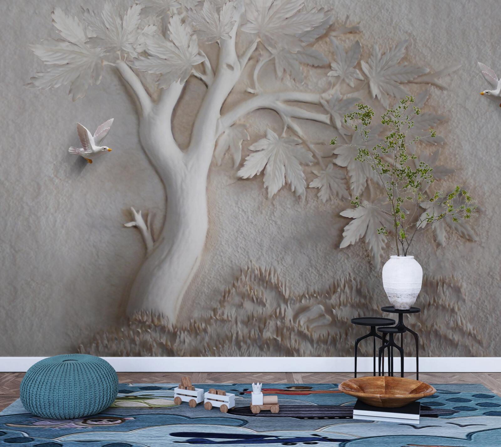 Fotobehang driedimensionale boom en vogels