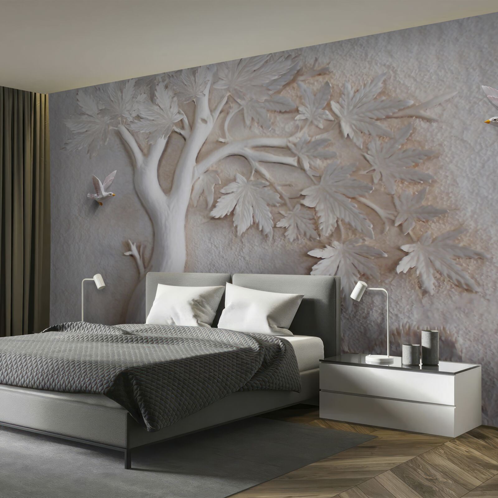 Fotobehang driedimensionale boom en vogels