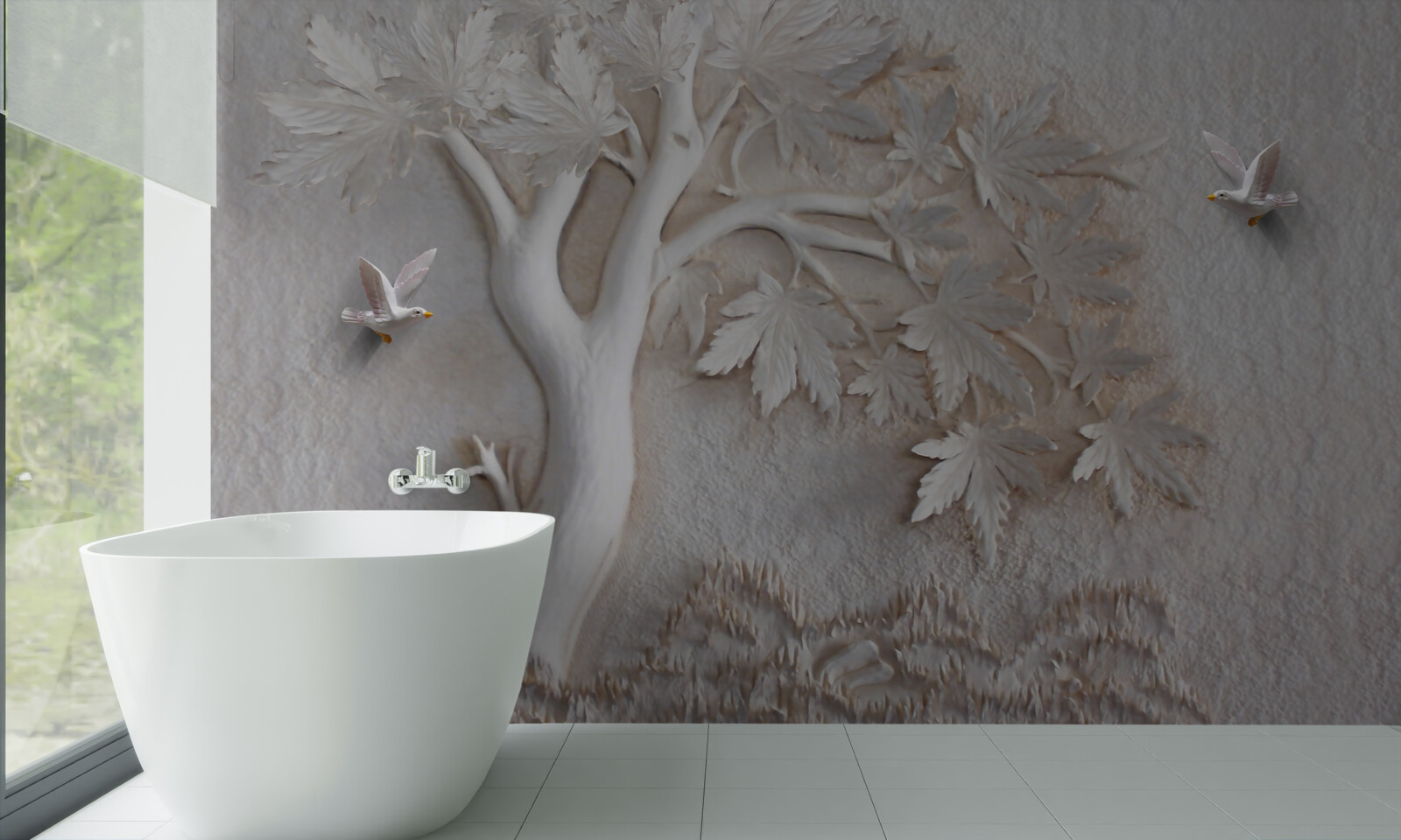 Fotobehang driedimensionale boom en vogels