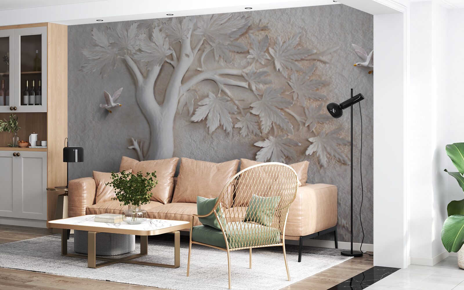 Fotobehang driedimensionale boom en vogels