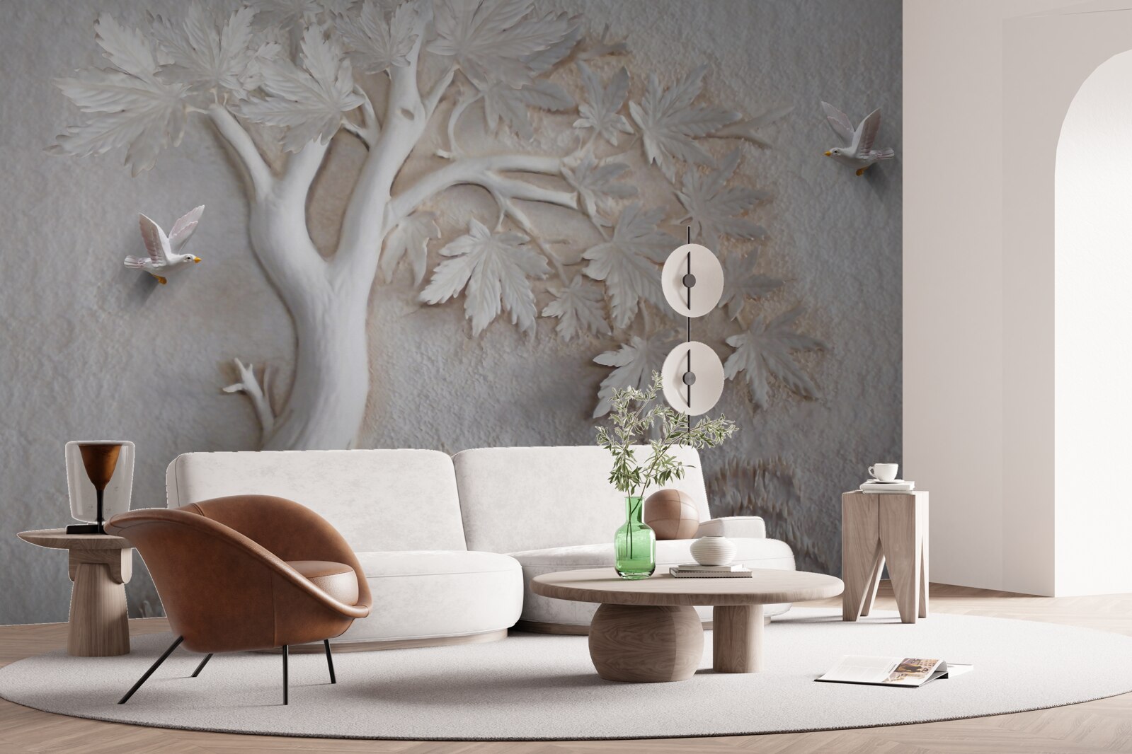 Fotobehang driedimensionale boom en vogels