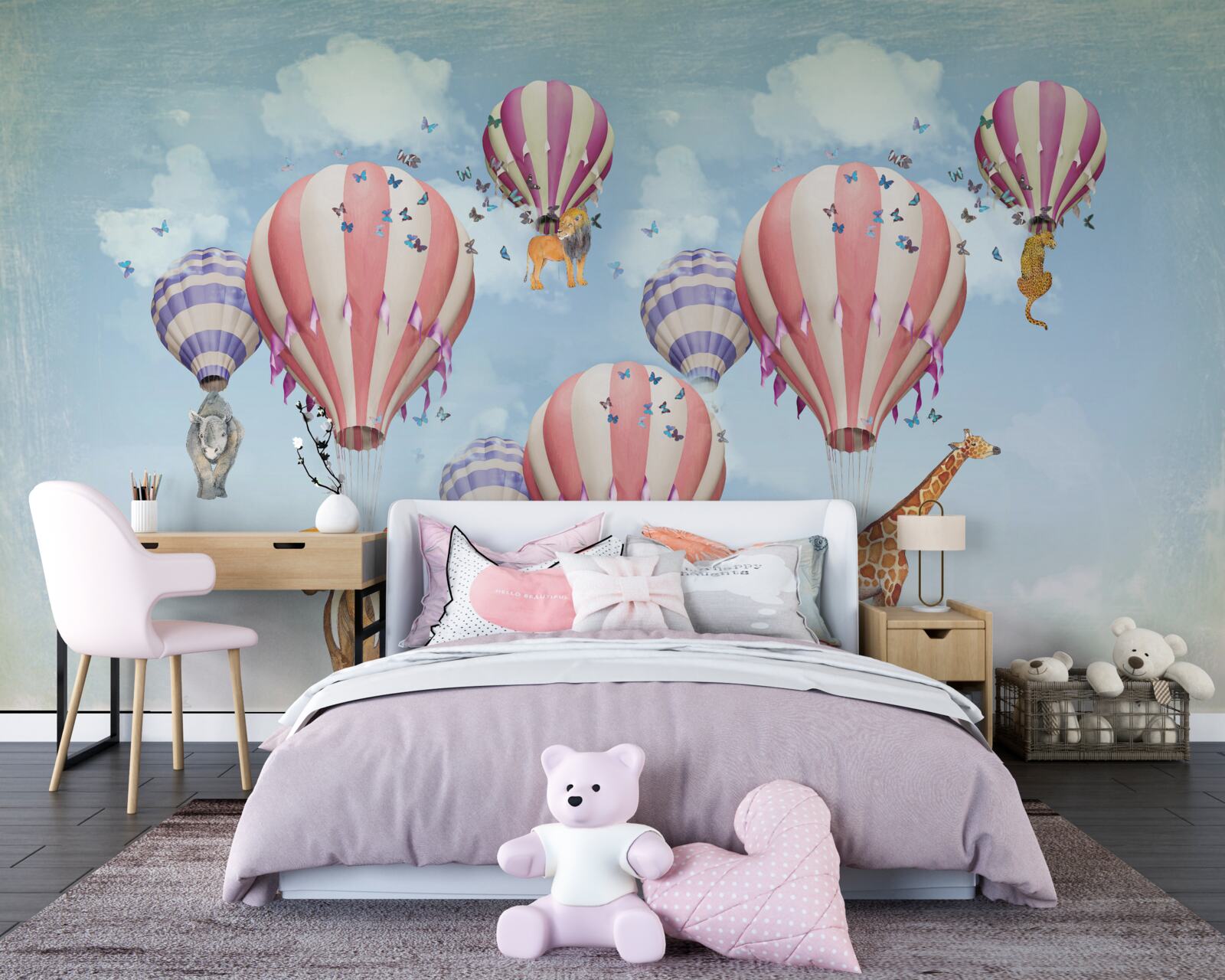 Fotobehang dieren zijn aan de ballonnen bevestigd