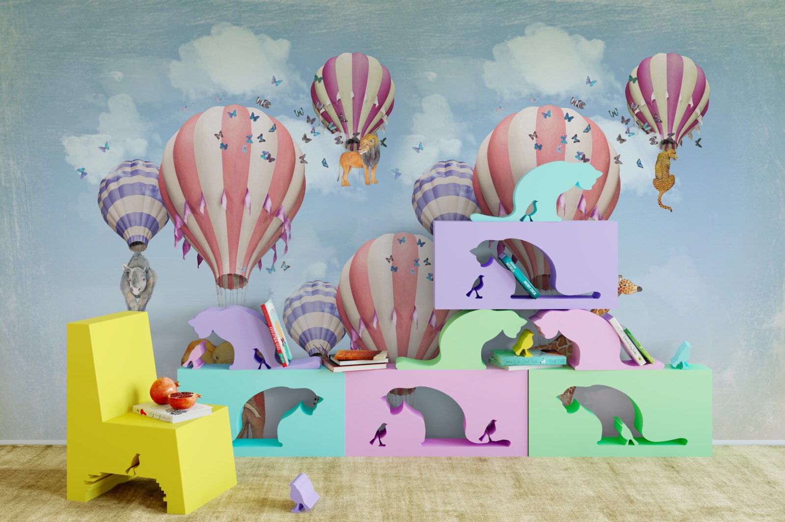 Fotobehang dieren zijn aan de ballonnen bevestigd