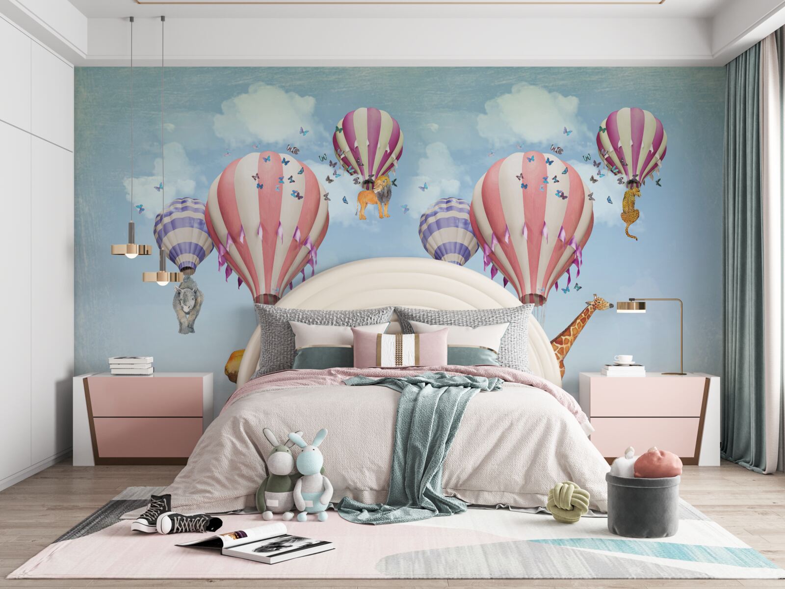 Fotobehang dieren zijn aan de ballonnen bevestigd