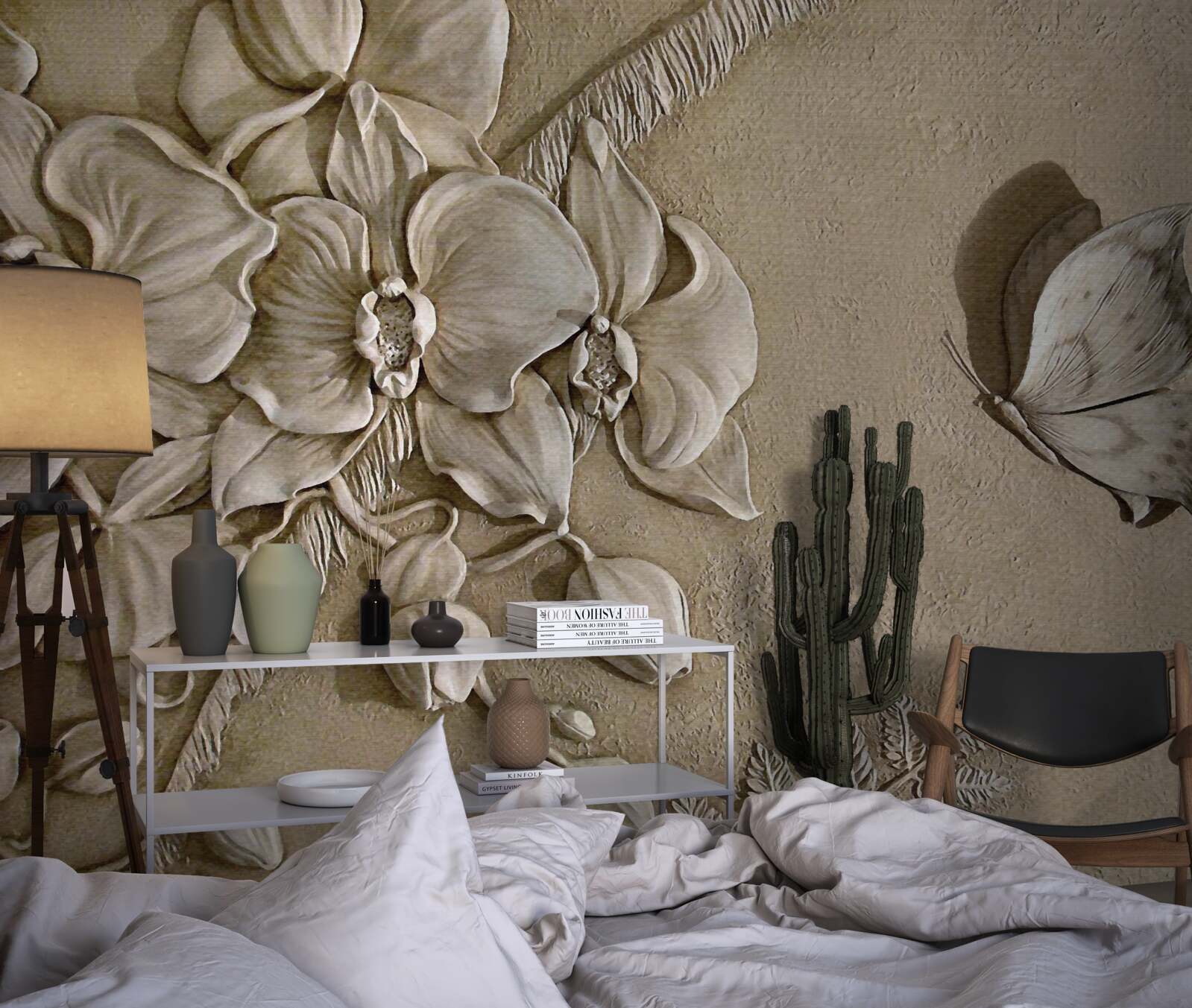 Fotobehang bloemen en vlinders 3d