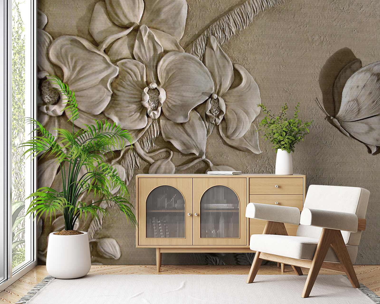 Fotobehang bloemen en vlinders 3d