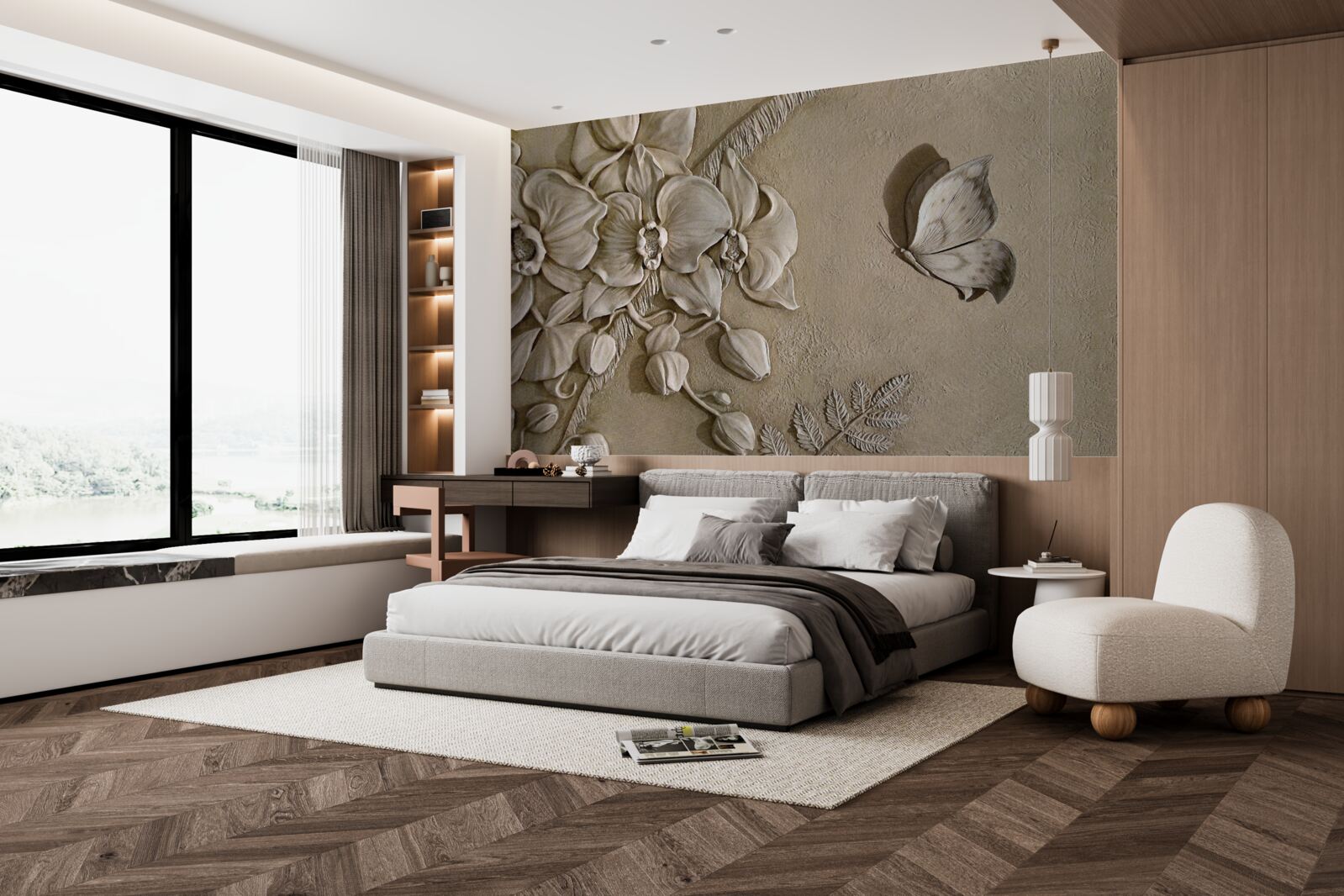 Fotobehang bloemen en vlinders 3d