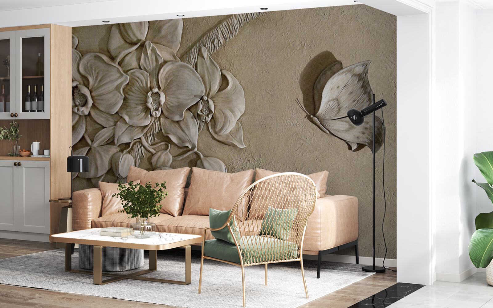 Fotobehang bloemen en vlinders 3d