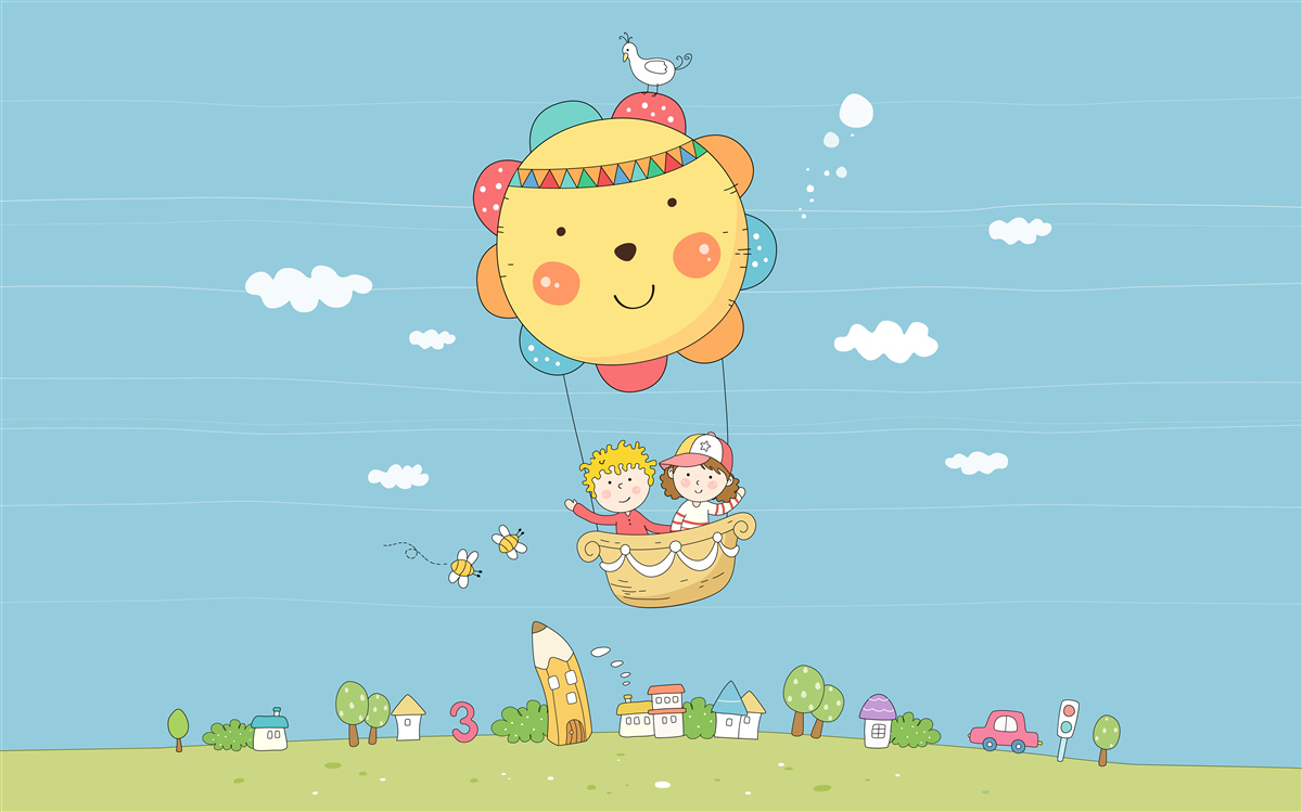 Fotobehang kinderen vliegen in een heteluchtballon