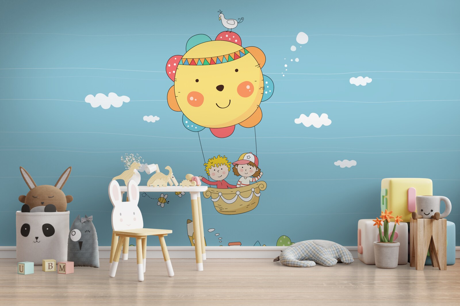 Fotobehang kinderen vliegen in een heteluchtballon